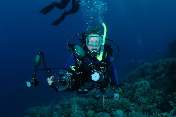 Underwater photographer capturing coral reef scene.