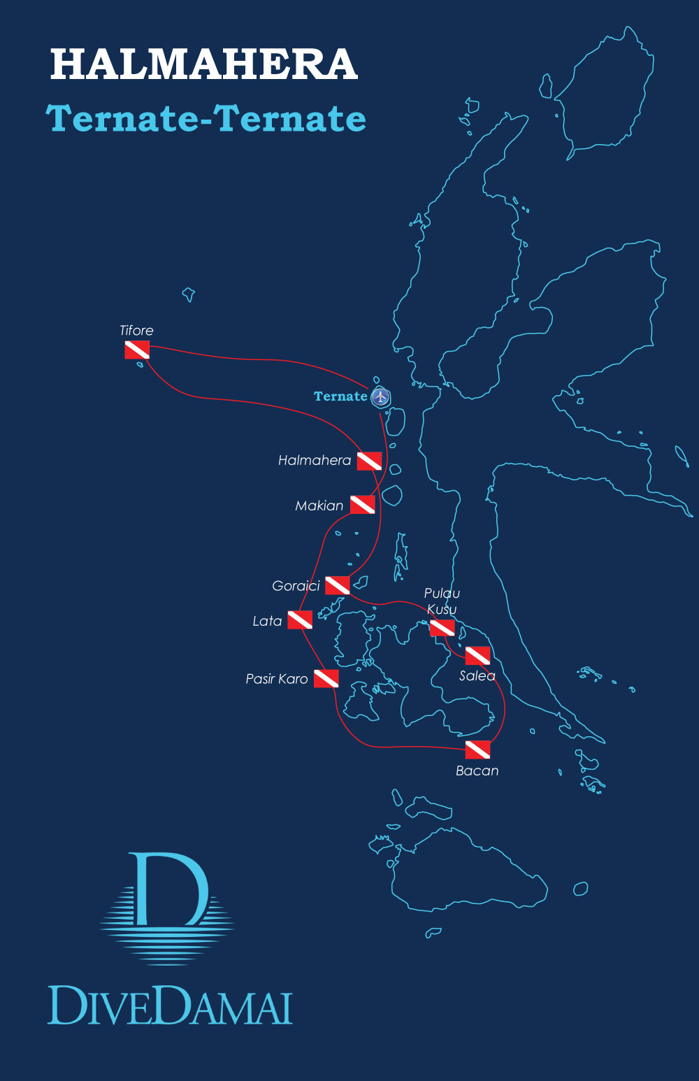 Halmahera diving route map with islands.