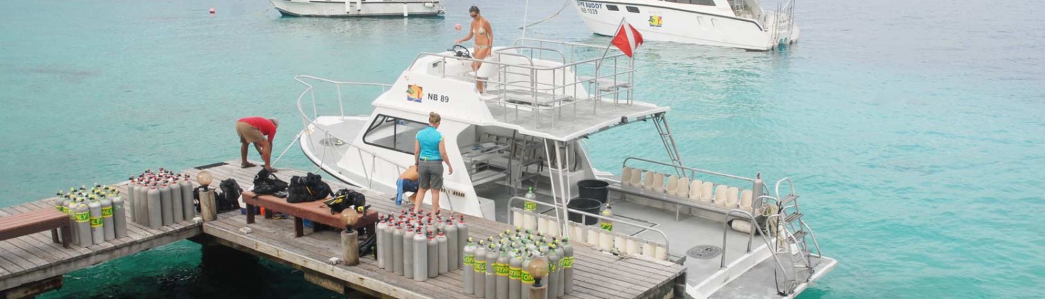 Scuba tanks and divers on a boat by dock.