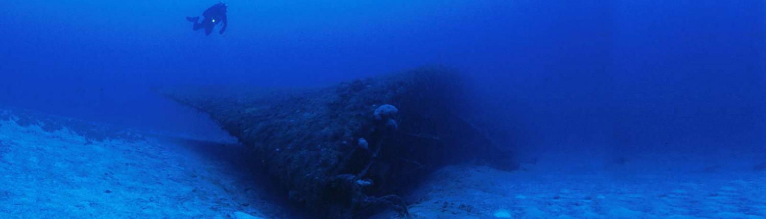 Scuba diver explores underwater shipwreck in deep ocean.