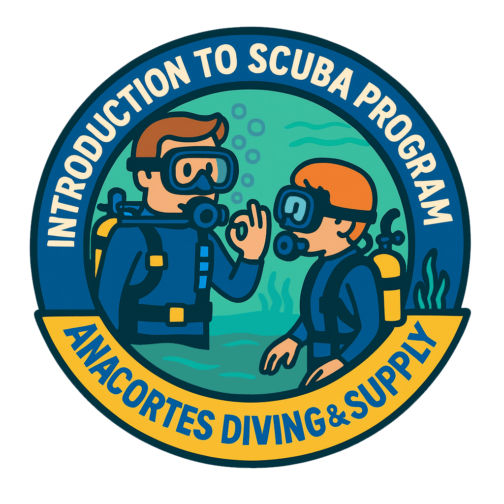 Scuba program logo with divers underwater.