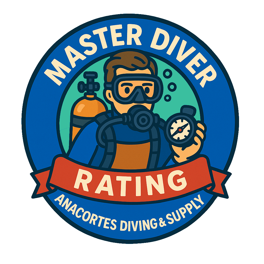 Master Diver Rating logo with diving gear.